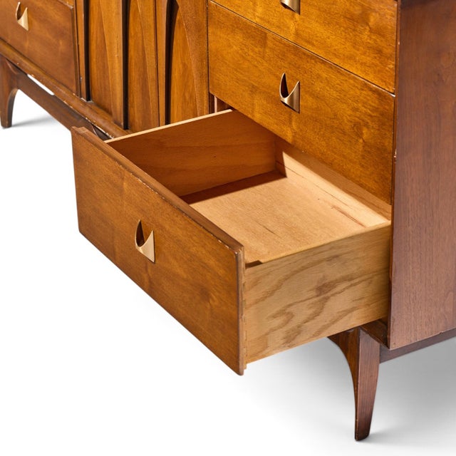 Broyhill Brasilia Mid Century Walnut and Brass Lowboy Dresser For Sale In Chicago - Image 6 of 10