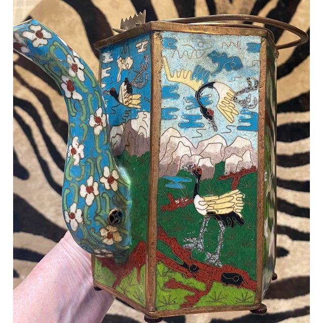 1930s Chinese Cloisonné Green With Flowers and Birds Teapot For Sale - Image 4 of 13