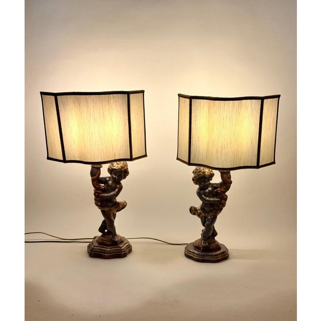 1970s Italian Putti Table Lamps in Giltwood, 1970s, Set of 2 For Sale - Image 5 of 18