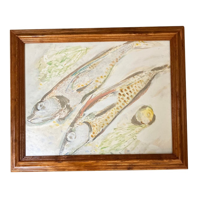 1970’s Original Fish Still Life Watercolor Painting Vintage Oak Frame For Sale