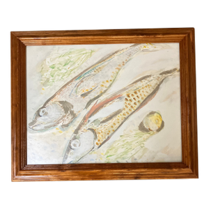 1970’s Original Fish Still Life Watercolor Painting Vintage Oak Frame