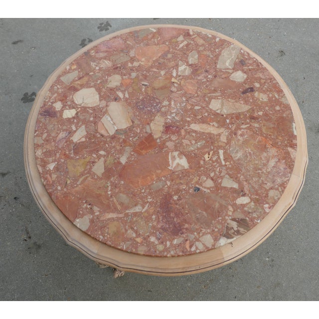 French Circular Carved Coffee Table with Marble Top, 1960s For Sale - Image 4 of 10