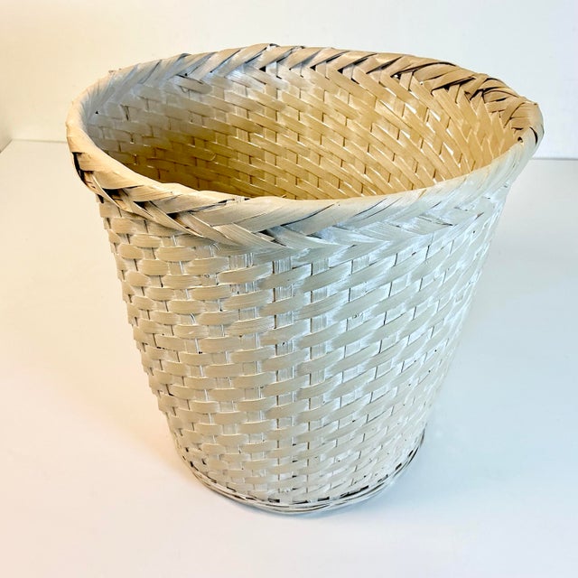 Mid-Century Boho Chic Coastal White Washed Almond Painted Wicker Wastebasket. For Sale - Image 4 of 11