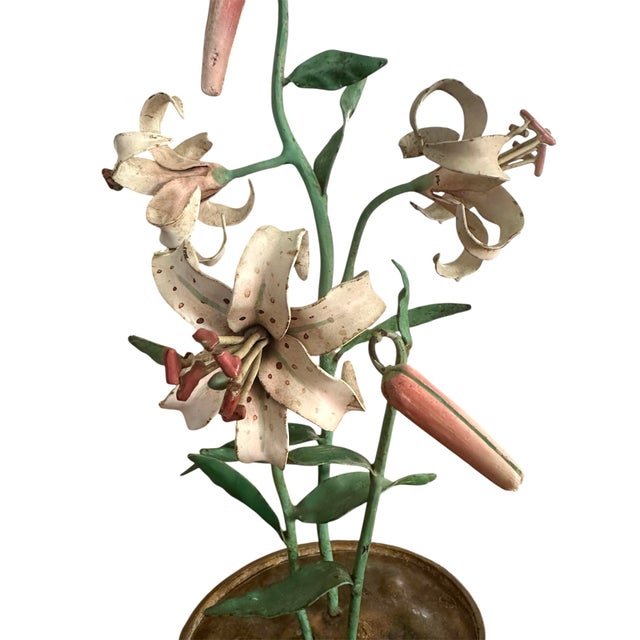 Pink Vintage Italian Tole Peinte Potted Pink Lily / Lilies Floral / Flower Arrangement For Sale - Image 8 of 11
