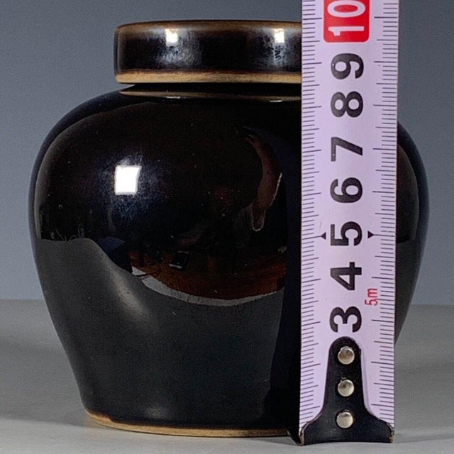 Ceramic Black Glazed Porcelain Ginger Jar With Brown Rim and Unusual Glaze Break For Sale - Image 7 of 9