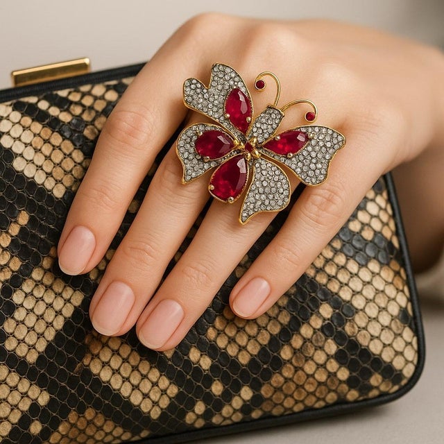 Bochic “Capri” Vintage Ruby & Topaz Butterfly Ring Set In 18K Gold & Silver For Sale - Image 10 of 10