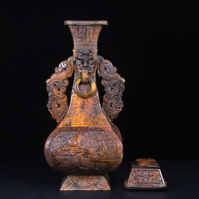 Bone 1930s Carved Horn "Landscape & Figure" Vase With Beast-Head Ring Handles — Detailed Relief For Sale - Image 7 of 10