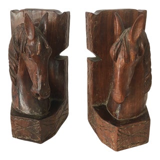 1930s English Carved Wooden Horse Heads Bookends- Set of 2 For Sale