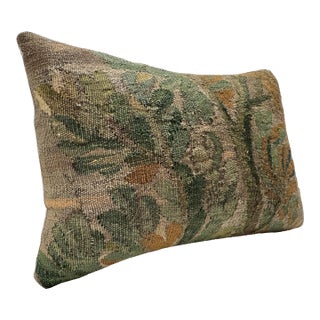 Antique Brussels Verdure Tapestry Fragment Pillow With Leaf Motif For Sale