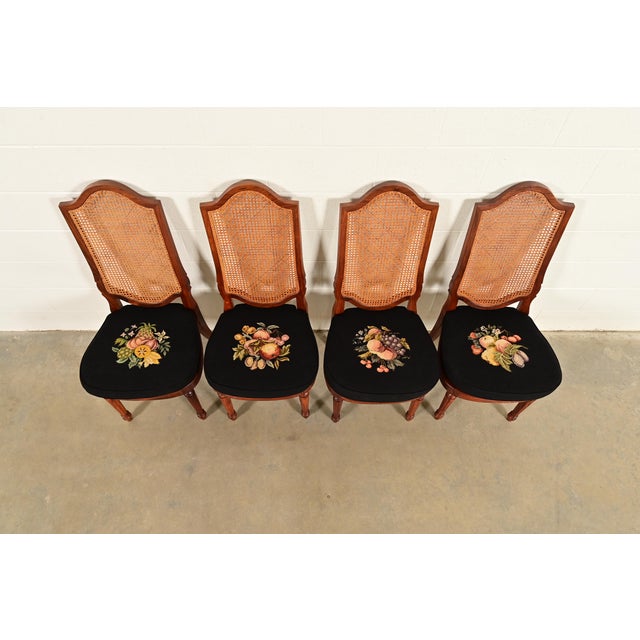 1970s Karges Style French Regency Louis XVI Carved Teak and Cane Back Dining Chairs, Set of Four For Sale - Image 5 of 14