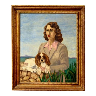 Oil on Canvas Painting of Lady With Cocker Spaniel For Sale
