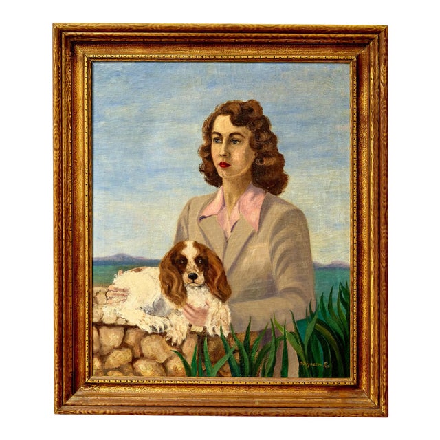 Oil on Canvas Painting of Lady With Cocker Spaniel For Sale