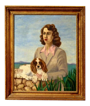 Oil on Canvas Painting of Lady With Cocker Spaniel