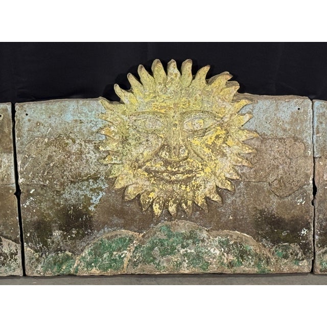 Rare 80" Vintage c.1940's Concrete Frieze Triptych Wall Mounted Garden Art - Sun & Roosters / Chickens For Sale - Image 4 of 13