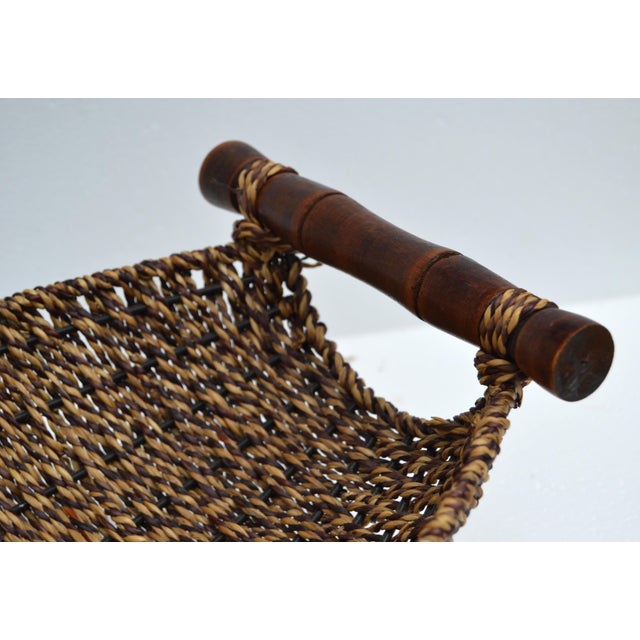 Organic Handwoven Decorative Basket Bamboo Handles Boho Chic For Sale - Image 9 of 16