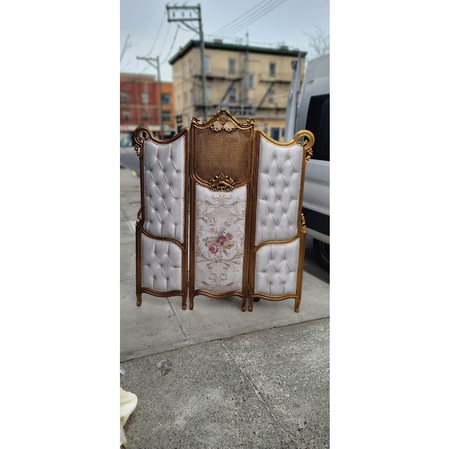 Fine Louis XV style gilt wood three fold screen with three panels real solid wood upholstered in beautiful off white...