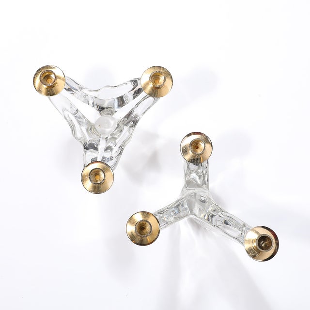 Mid-Century Modern Pair of Mid-Century Amorphic Crystal & Brass 3 Arm Candelabra Signed Schneider For Sale - Image 3 of 10