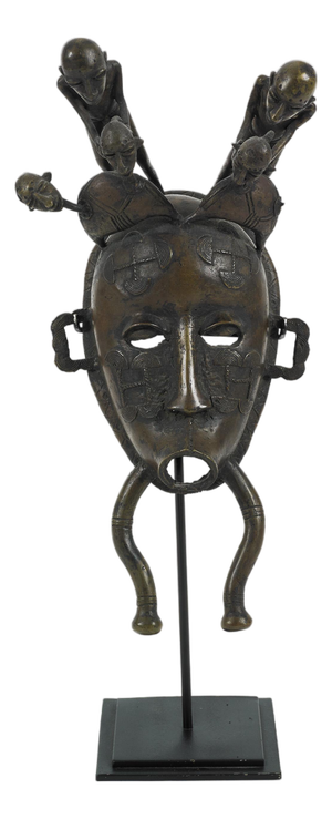 Ivory Coast Senufo Kpelie Cast Bronze Baul Mask Depicting Tribesmen on Stand