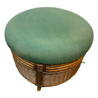Vintage MCM Wicker Ottoman With Overstuffed Cushion For Sale