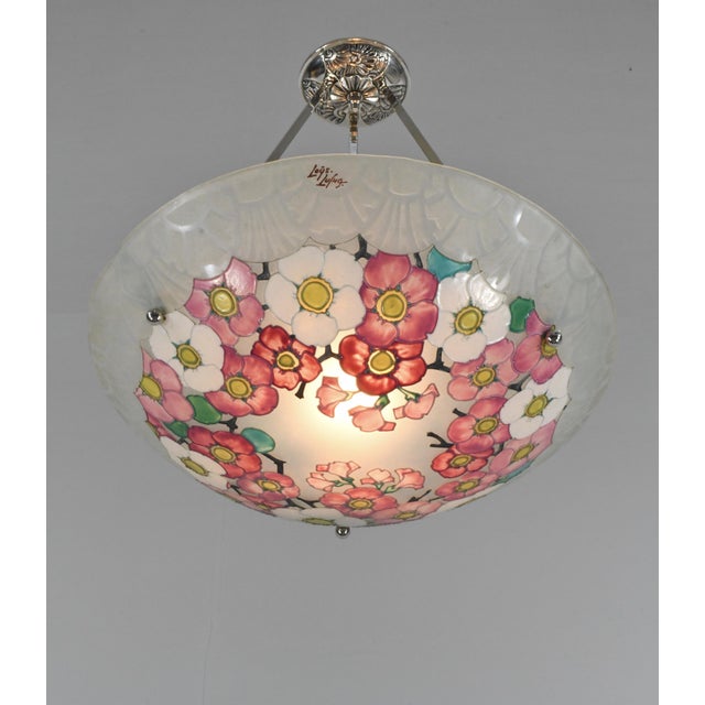 Art Deco Loys Lucha French Art Deco Pendant Light 1930s - Enameled Pink Floral Bowl For Sale - Image 3 of 13