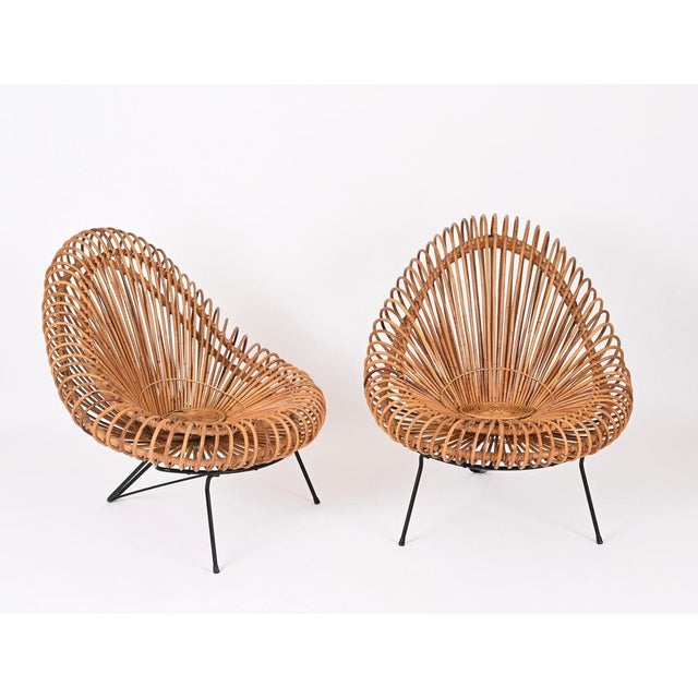 Rattan Chairs, Pouf and Mirror attributed to Janine Abraham & Dirk Jan Rol, 1960s, Set of 4 For Sale - Image 18 of 18