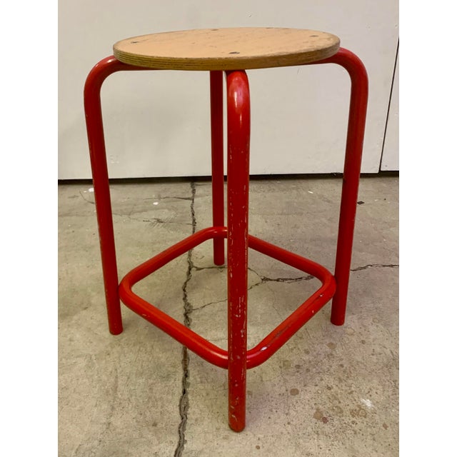 1970s Vintage Industrial Danish Stool Red Metal Stool For Sale - Image 5 of 9