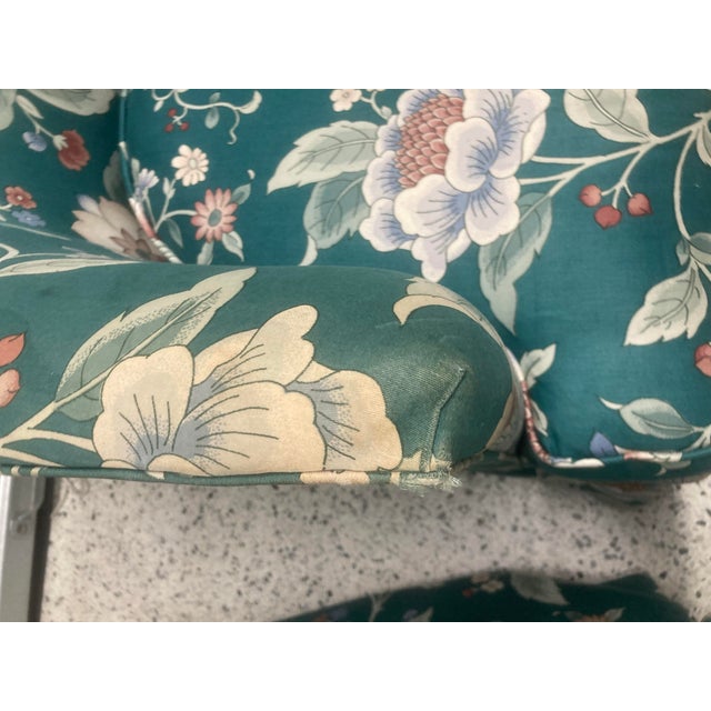 Late 20th Century Vintage 1980s Drexel Heritage Cottage Core Boho Barrel Club Chairs in Green Floral Motif - A Pair For Sale - Image 5 of 11