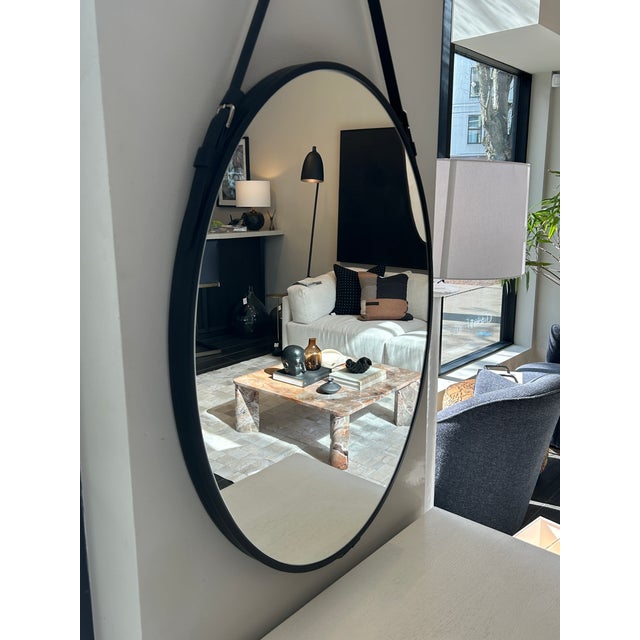 Metal Black Faux Leather Strap Oval Mirror For Sale - Image 7 of 7
