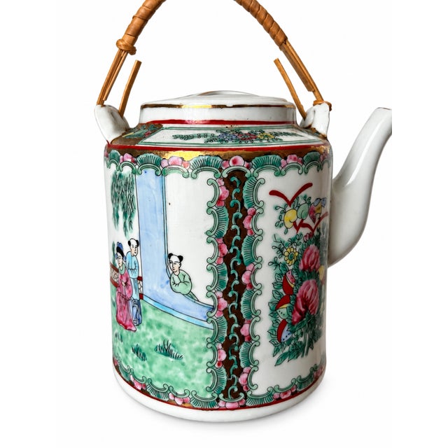 Mid 20th Century Mid 20th Century Chinese Rose Medallion Porcelain Teapot With Wrapped Cane Handle & Two Cups — 3-Piece Set For Sale - Image 5 of 11