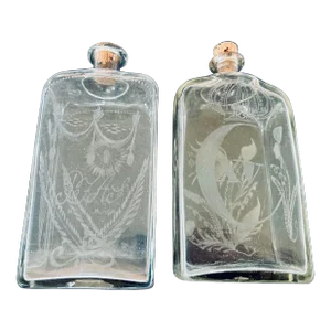 19th C. Continental Pair of Antique Etched Bottles