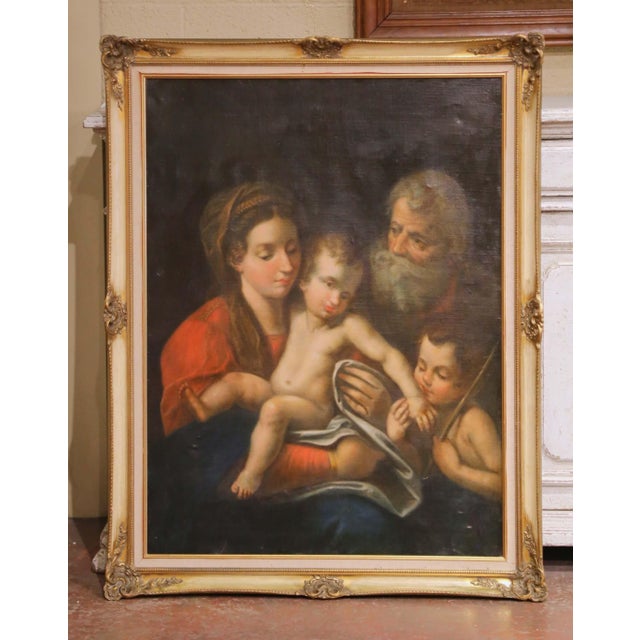 Late 19th Century 19th C. Italian Oil Painting of Holy Family With Saint John in Giltwood Frame For Sale - Image 5 of 9
