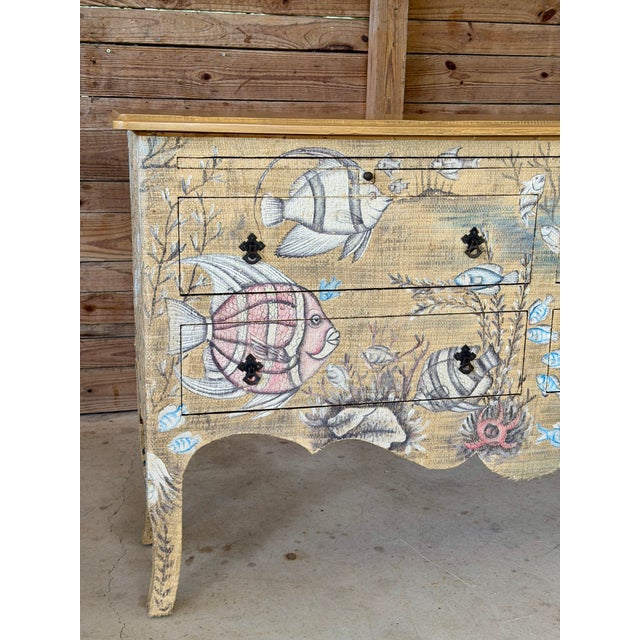 Wood GuildMaster Coastal Hand-Painted Grasscloth Fish Sideboard Credenza For Sale - Image 7 of 12