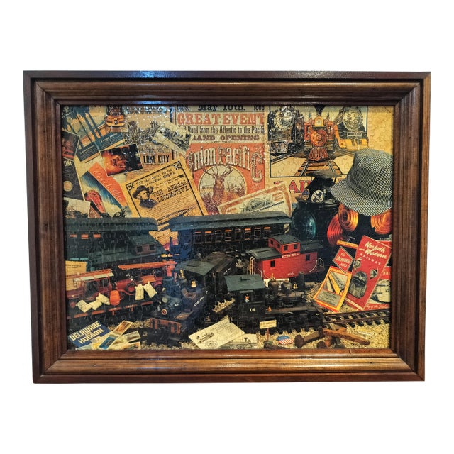 Historic Train Paraphernalia Collage Vintage Framed Puzzle For Sale