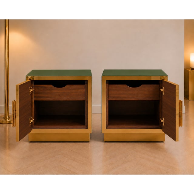 Wood Olive Green Glass Nightstand with Recessed Brass Plinths, Italy, Set of 2 For Sale - Image 7 of 11
