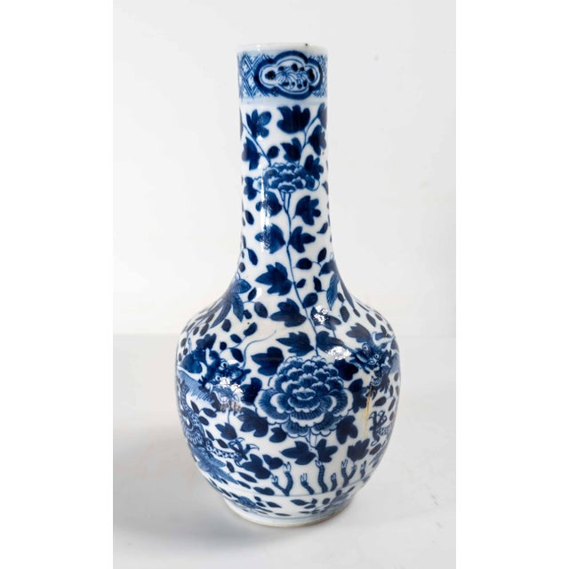 19th Century Chinese Blue and White Bottle Vase With Peony and Dragon, Repaired For Sale - Image 4 of 13