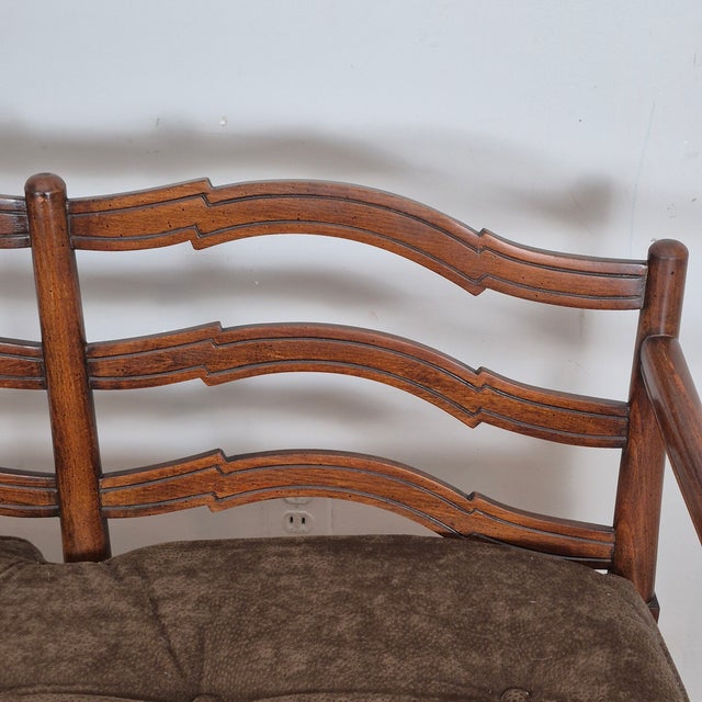 Mid 20th Century Mid 20th Century French Country Petite Walnut Ladder Back Settee Bench W/ Brown Faux Suede Cushions For Sale - Image 5 of 12