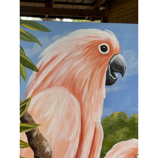 Textile Monumental Vintage Coastal Tropical Unsigned Cockatoo Painting For Sale - Image 7 of 12