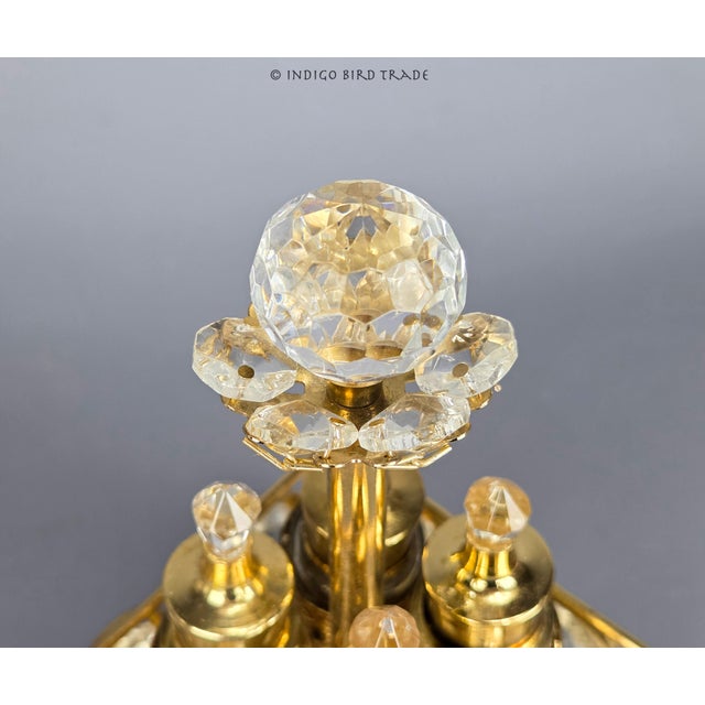 Metal Antique French Perfume Bottles in Ornate Filigree Caddy Holder - Set of 5 For Sale - Image 7 of 11