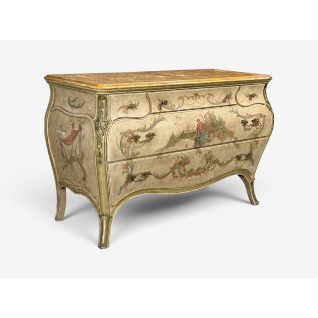 Venetian, Chinoiserie Bombé Commode, Beige Painted, Faux Marble, Italy, 1920s For Sale - Image 4 of 18