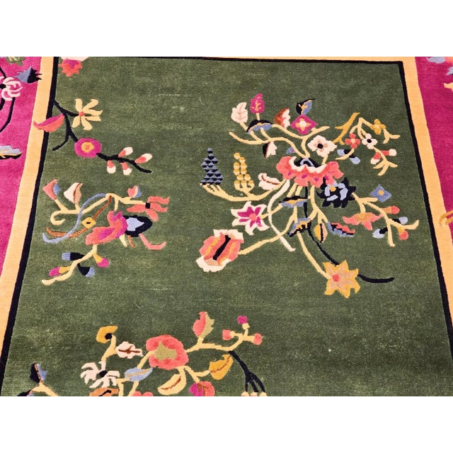 Vintage Chinese Art Deco Area Rug, Floral Design, Sage Green & Purple For Sale - Image 9 of 12