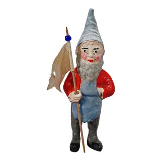 Antique Terracotta Garden Gnome With Flag, Germany Ca. 1920s For Sale