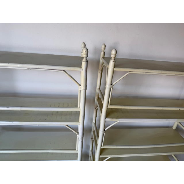 Wood Vintage Coastal Faux Bamboo and Rattan Five-Tier Étagère Shelving Units – A Pair For Sale - Image 7 of 12