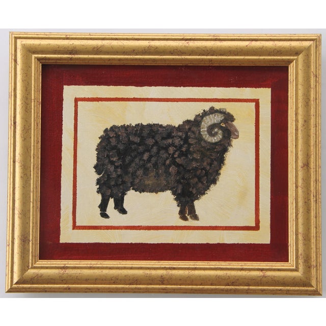 Black Merino Sheep Ram on antique white, burgundy border with a hint of burnt orange in the border. Americana,...