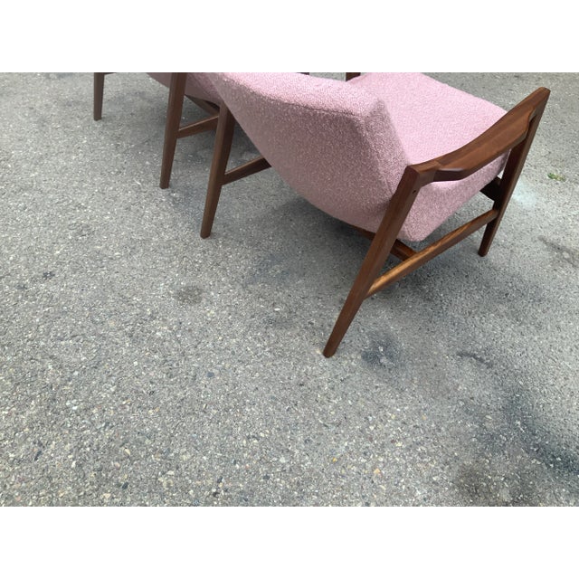 Modern Mid Century Style Lounge Chairs Solid Walnut Frames Pink Boucle For Sale - Image 4 of 12