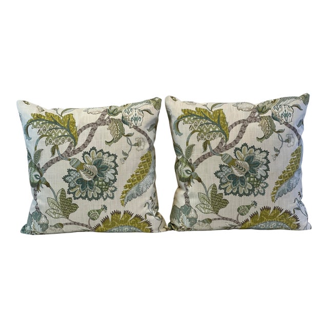 P.Kaufmann Attributed Floriana Mineral 20”x20” Feather/Down Pillows - A Pair For Sale