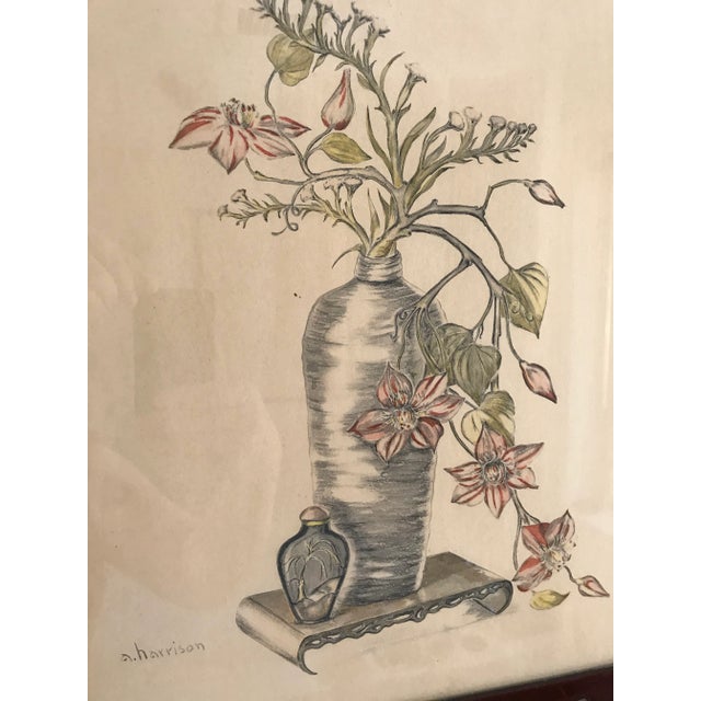 Chinoiserie 1940s Original Still Life Chinoiserie Water Color by A. Harrison Hand Carved Frame For Sale - Image 3 of 7