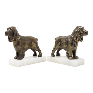 Vintage Cast Metal Spaniel on Marble Base Bookends - A Pair For Sale