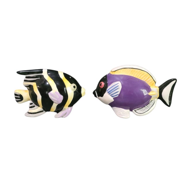 Purple Vintage Sakura Hand Painted Colorful Tropical Fish Salt & Pepper Shakers For Sale - Image 8 of 8