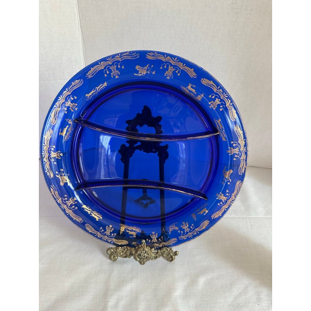 Royal Blue Vintage Cobalt Blue Glass Divided Serving Dish With Gold Decorations For Sale - Image 8 of 9