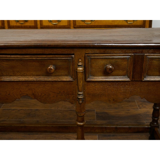 English English 1860s Oak Dresser Base with Drawers, Scalloped Apron and Turned Legs For Sale - Image 3 of 9